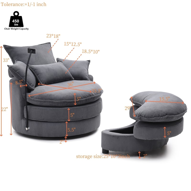 Modern Comfy 360° Swivel Barrel Chair with Ottoman and Pillows for Bedroom and Living Room