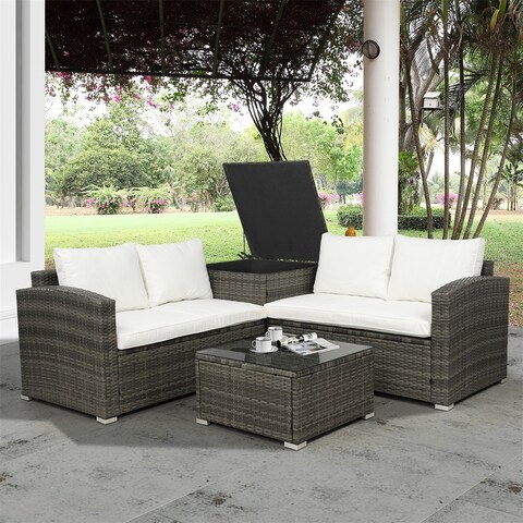 Merax 4 Piece Patio Rattan Sofa Loveseat Cushions with Storage Ottoman