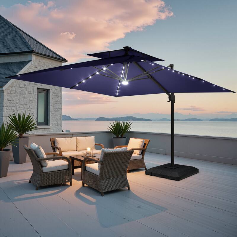 11FT Patio Cantilever Umbrella LED Lights Double Top Umbrella with 4-Piece Fillable Weighted Base - Navy Blue