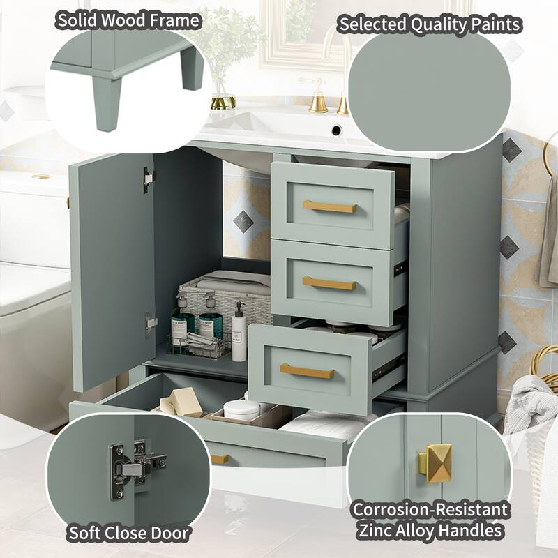 30" Bathroom Vanity with Sink Combo Set, Soft Closing Door & 3 Drawers