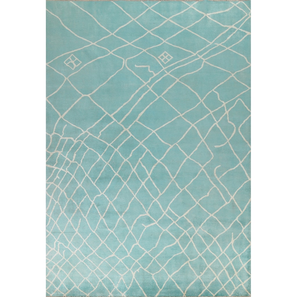 Modern Turquoise Moroccan Vegetable Dye Area Rug Handmade Wool Carpet - 7'9" x 9'10"