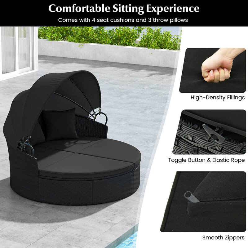 Gymax Patio Round Daybed Wicker Daybed w/ Retractable Canopy Separated