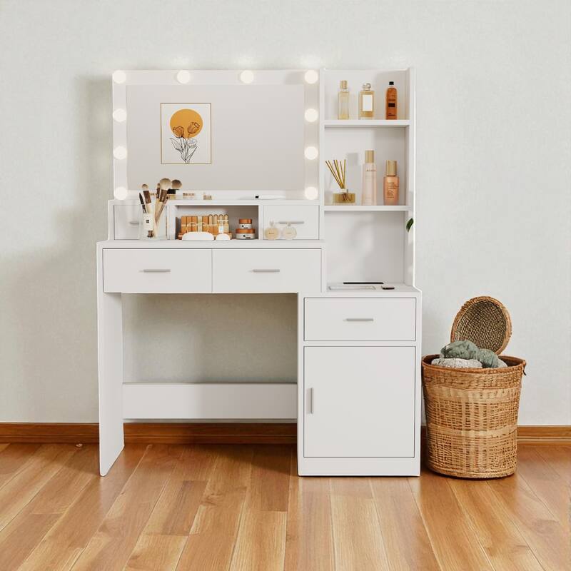 43" Makeup Vanity Desk with Smart LED Mirror, 5 Drawers, Storage Cabinet & Shelves, Dressing Table for Bedroom