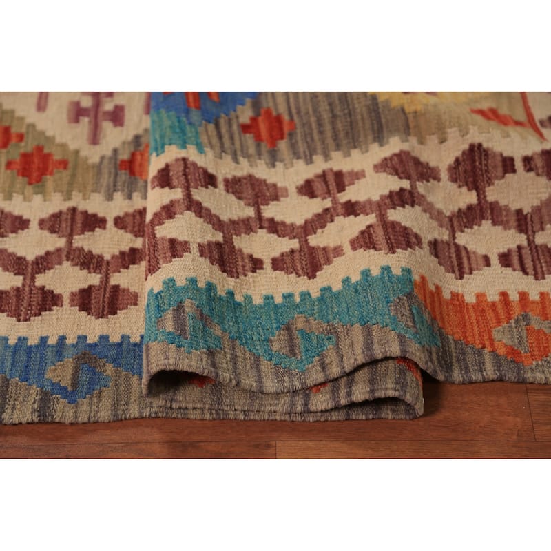 Colorful Geometric Kilim Oriental Area Rug Hand-Woven Wool Carpet - 8'7"x 9'6"