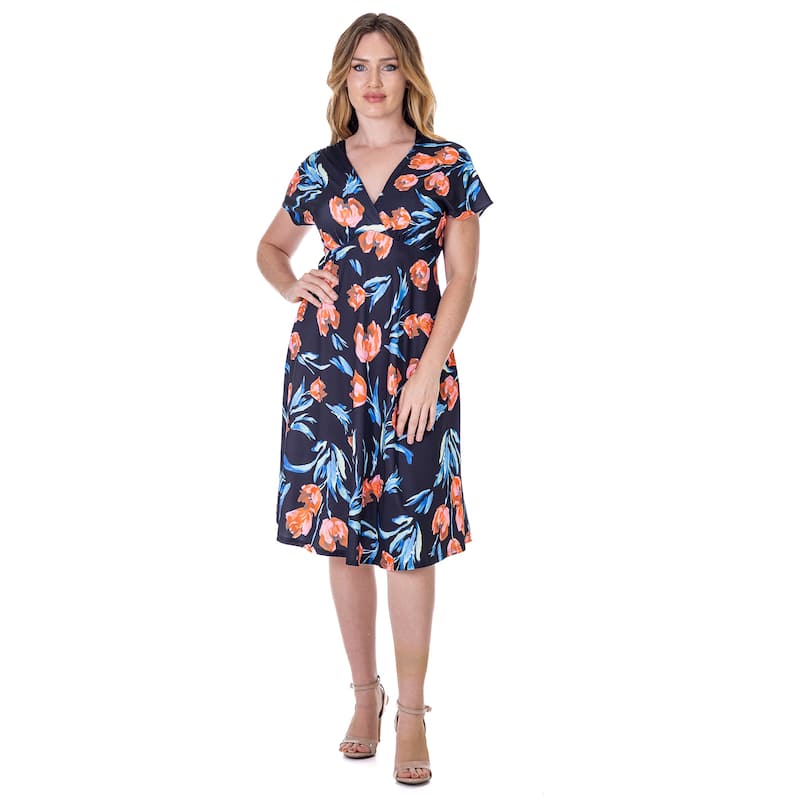 24seven Comfort Apparel Womens Tulip Print V Neck Empire Waist Kimono Cap Sleeve Knee Length Dress - Black/Red - 1X