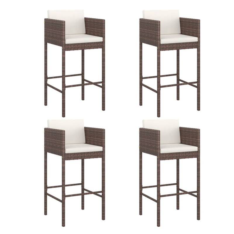 4pc Outdoor Barstool Chair Set, White Cushion, Brown Rattan, 30 Inch