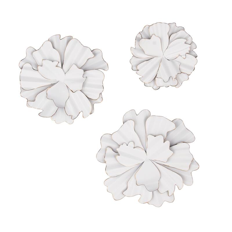White Metal 3D Floral Home Wall Decor with Gold Edges (Set of 3)