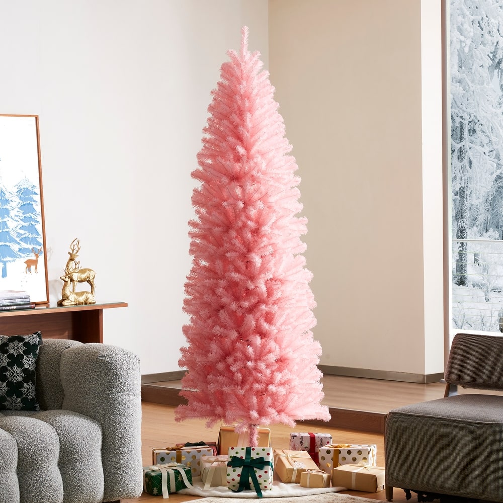 Glitzhome 7.5ft/9ft Shimmering Tinsel Pink Slim Pencil Fir Artificial Christmas Trees