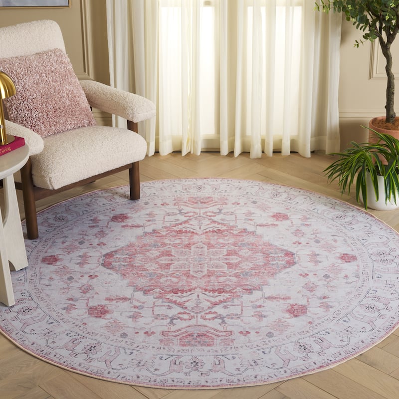 SAFAVIEH Tucson Machine Washable Slip Resistant Eloise Traditional Rug - 6' Round - Beige/Rust