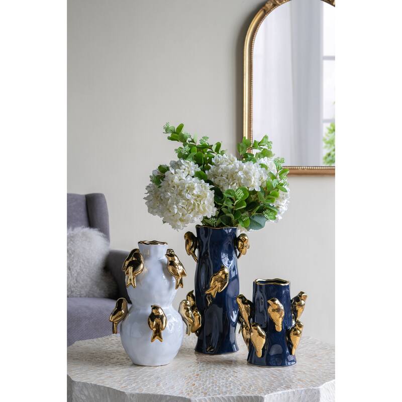 8.7x8.7x9.5" Blue Ceramic Tree Branch Vase with Gold Bird Accents