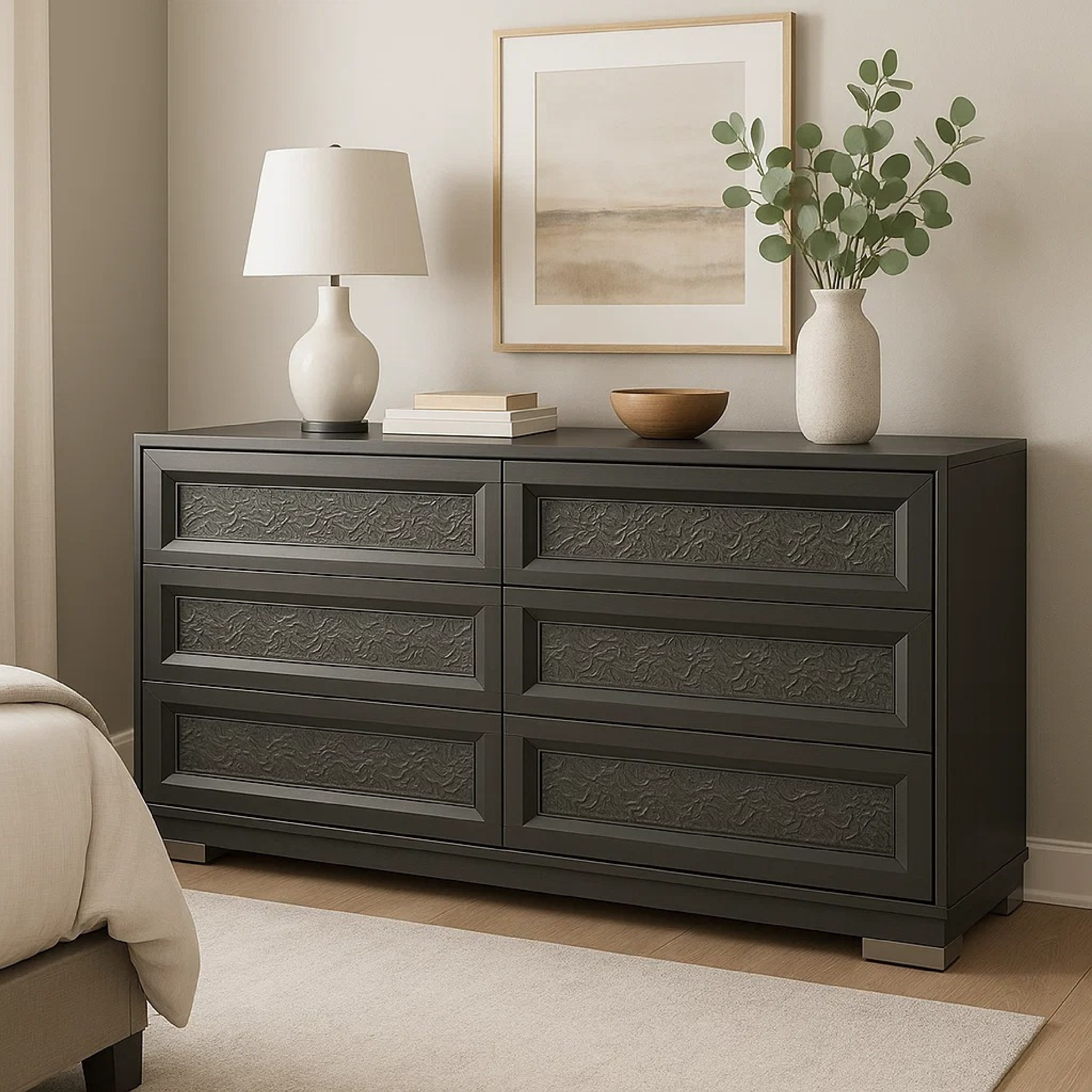 dark grey wood dresser Levi 6 Drawer Wide Dresser, Gray Solid Wood, Bedroom Storage dark grey dresser with mirror