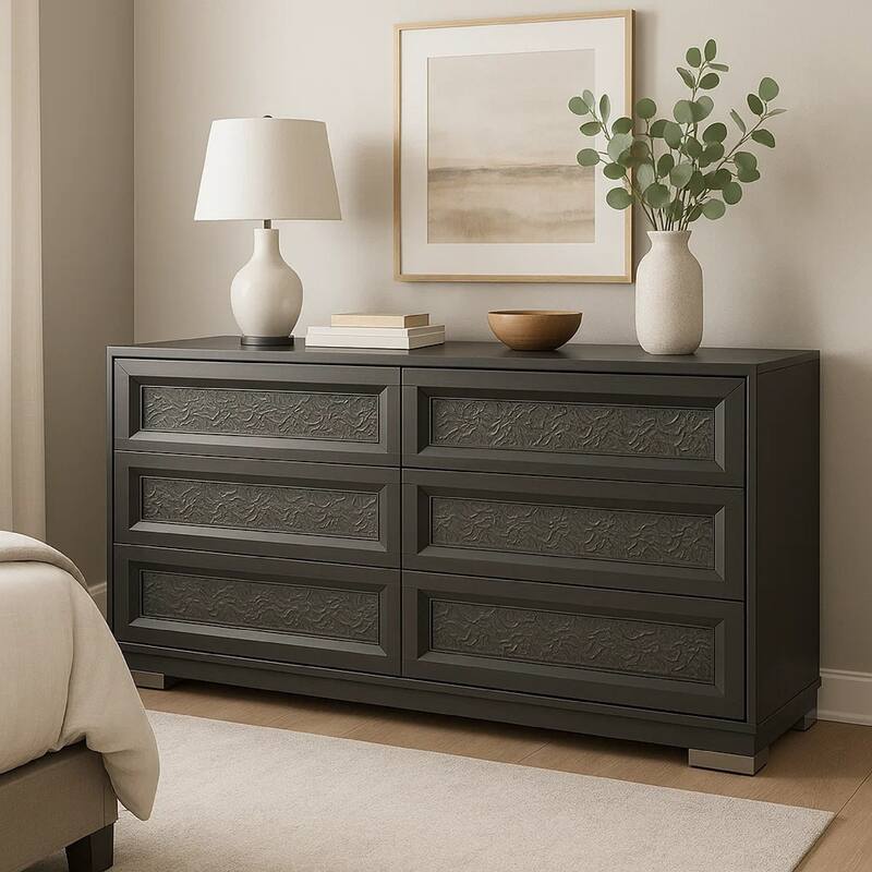 Levi 6 Drawer Wide Dresser, Dark Gray Solid Wood, Bedroom Storage