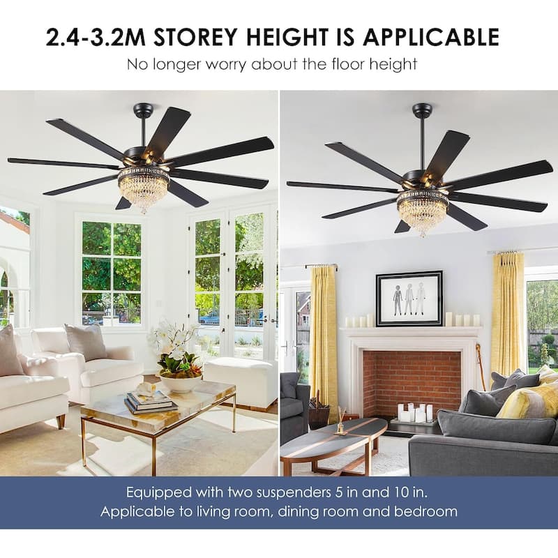 52 or 62 Inches Crystal Ceiling Fan Fandelier with Lights,For Bedroom Kitchen Patio Remote Control
