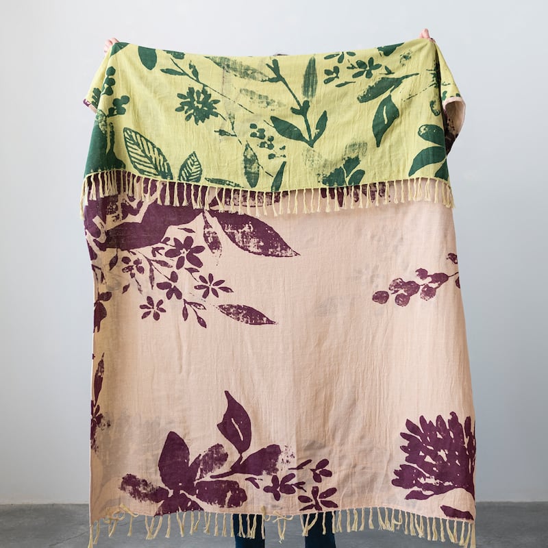 2-Sided Cotton Floral Print Throw Blanket with Fringe