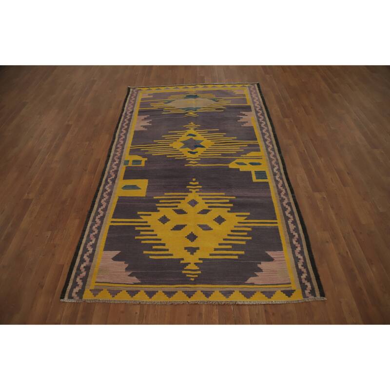 Hand Woven Oriental 100% Wool Carpet Southwestern Tribal Purples Kilim Area Rug - 8' 3'' X 4' 10''