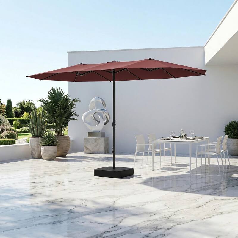 15ft x 9ft Double Patio Umbrella with Base and Sandbags, Extra Large Twin Outdoor Market Umbrella with Auto Tilt, 180g Polyester