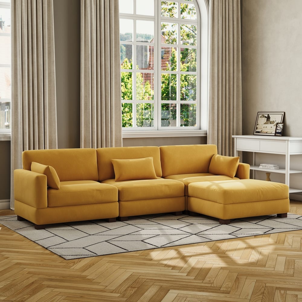 Corduroy Modular Sectional Sofa with Ottoman and Pillows