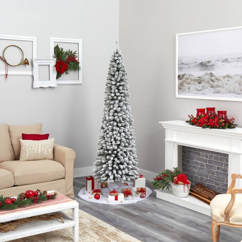 7Ft Pencil Christmas Tree with Lights - Artificial Holiday Tree, Slim Design, 400 LED Lights, Bendable Branches - White - 84