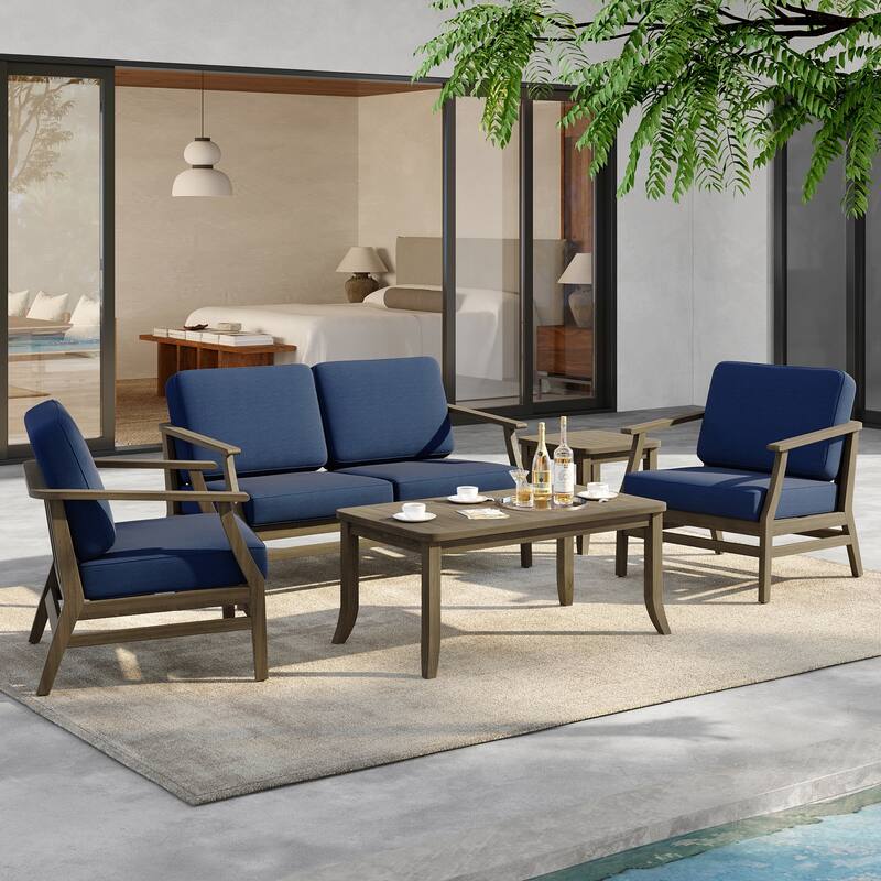 5-Piece Outdoor Teak Wood Patio Conversation Set with Cushions - NaturalFrame-Navy