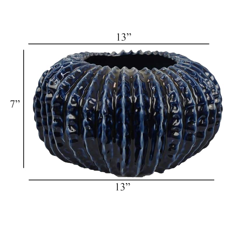 Harry Round Planter Vase, Textured Design, Blue Ceramic 13 Inch