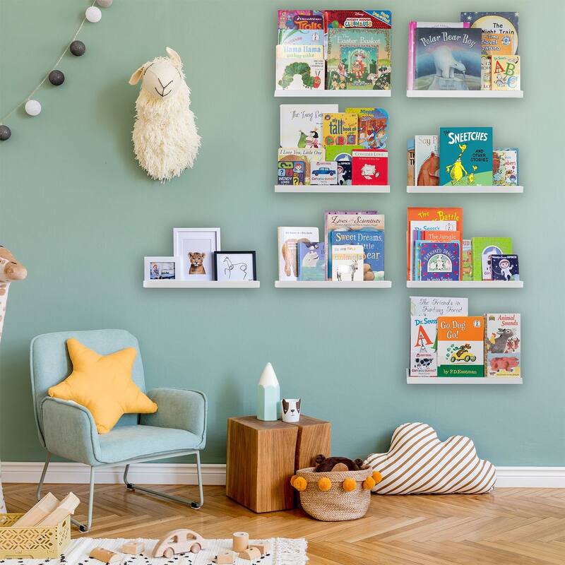Wallniture Denver 17" Floating Shelves for Kids Room Decor, White Bookshelf (Set of 8)