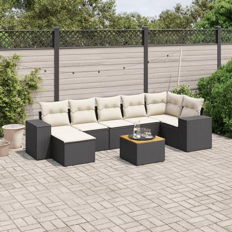 vidaXL Patio Sofa Set with Cushions Outdoor Furniture 8 Piece Poly Rattan - Black and cream - form1 - 24.4 x 32.7 x 27.2 in