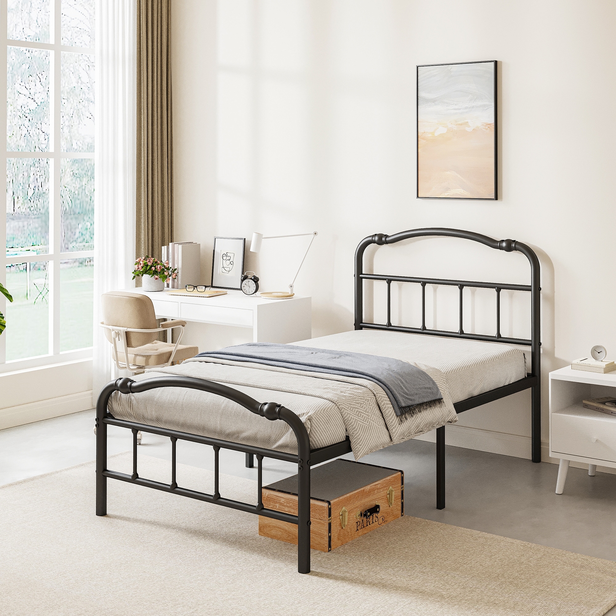 Heavy Duty Anti sway 18in High Steel Tube Iron Bed Double Wave Headboard and Footboard Twin XL
