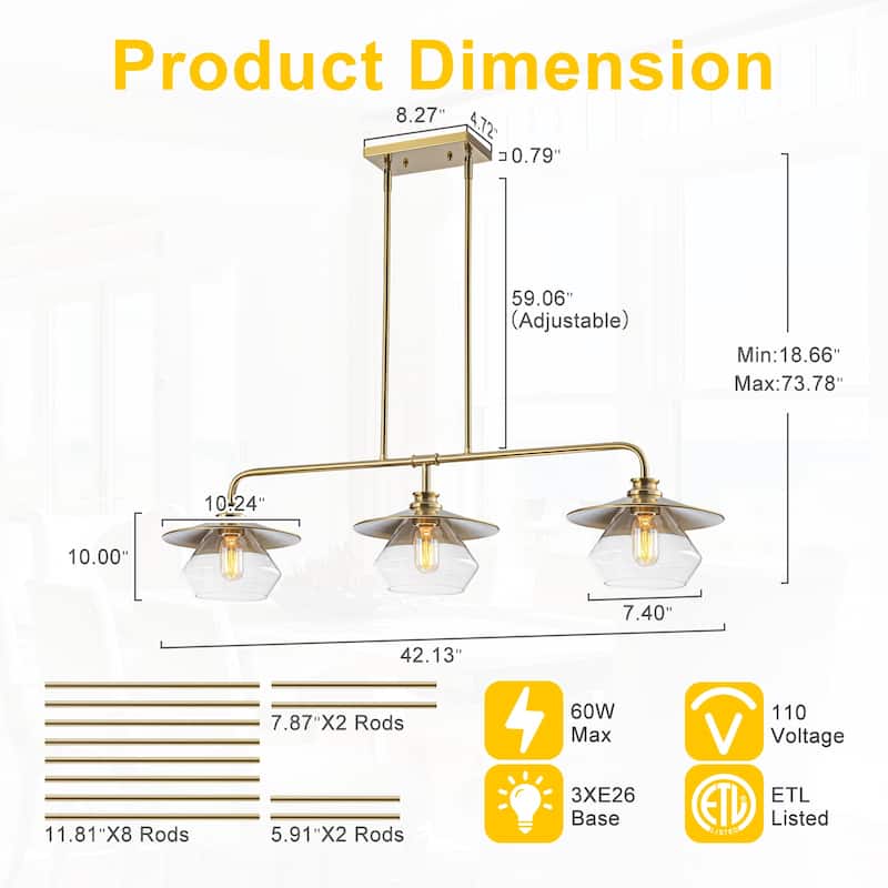 Modern 3-Light Linear Pendant Light with Clear Glass Lampshades - Dia.42.13-in