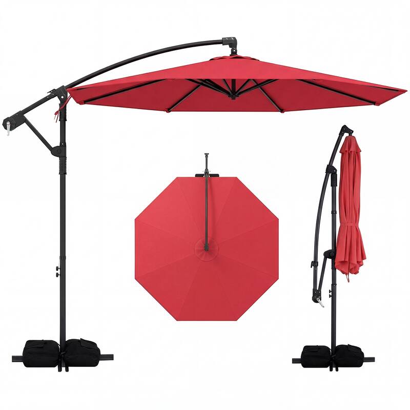 Costway 10 FT Offset Hanging Umbrella with Base Patio Cantilever - Red