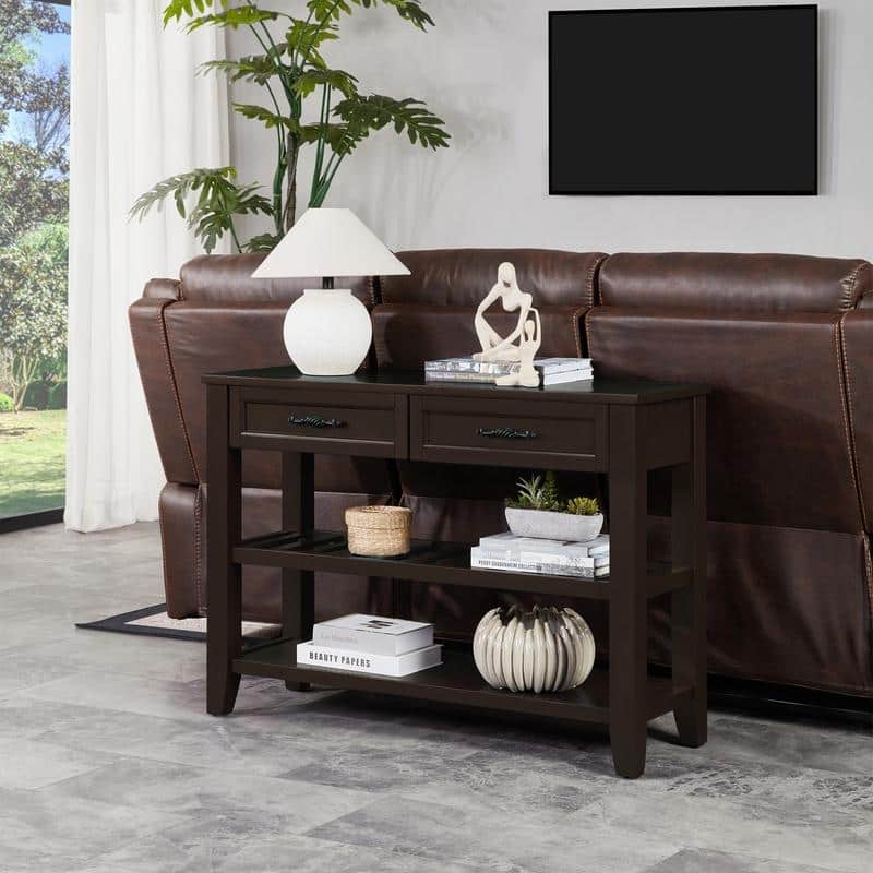 Vintage-Inspired Pine Console Table - Two-Tier Open Shelf Design for Living Spaces‌.