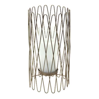 HomeRoots 14" Gold Iron and Glass Tabletop Hurricane Candle Holder - 12