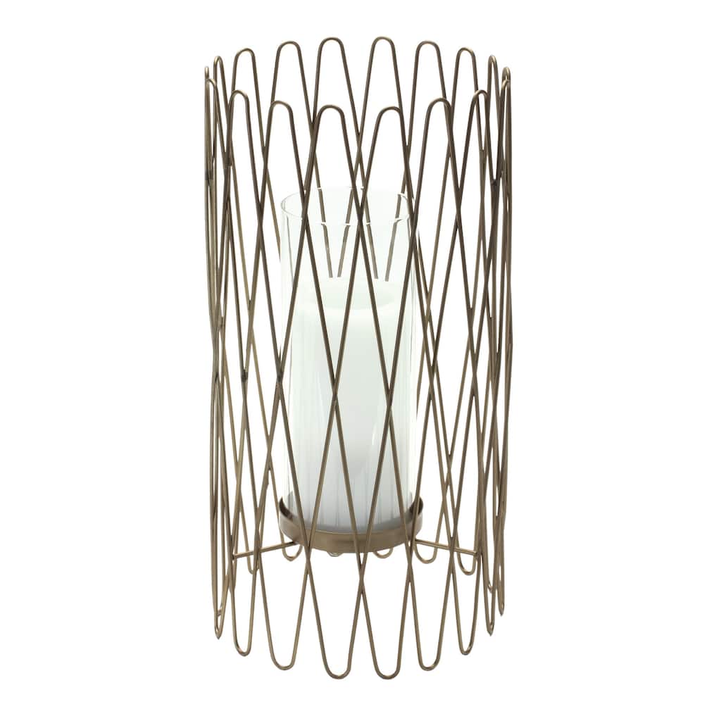 HomeRoots 14" Gold Iron and Glass Tabletop Hurricane Candle Holder - 12