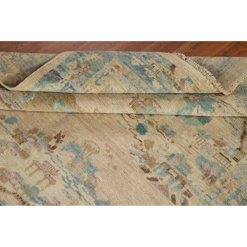 Hand Knotted Oriental 100% Wool Carpet Traditional Floral Beige & Ivories Art Deco Runner Rug - 14' 1'' X 4' 10''