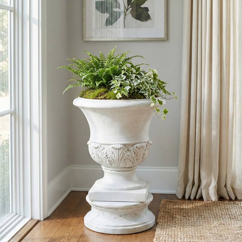 Christopher Knight Home - Classical 18.31"H Outdoor Pedestal Urn Planter with Acanthus Leaf Design - Antique White