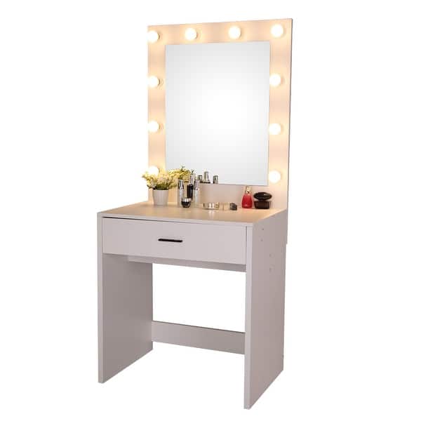 CIPACHO Desktop Large-Mirror Single-Drawer Dressing Table with White Light Cannon Black