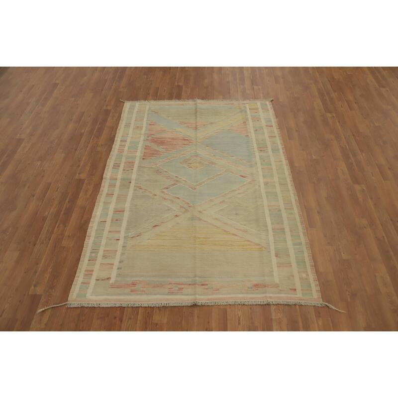 Hand Woven Oriental 100% Wool Carpet Southwestern Tribal Beige & Ivories Kilim Area Rug - 7' 2'' X 4' 10''
