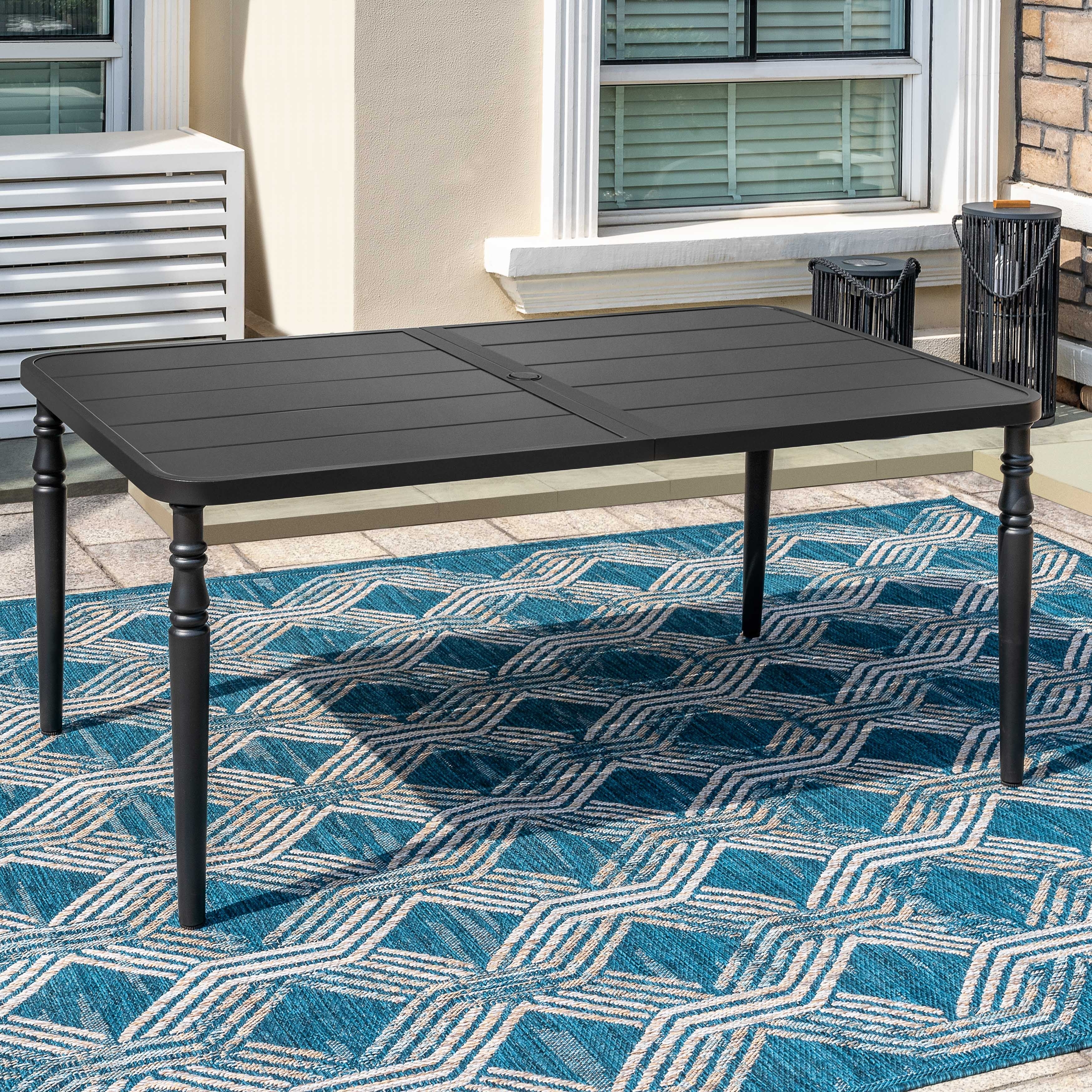 Nuu Garden Outdoor Rectangle Powder-Coated Metal Dining Table with Umbrella Hole