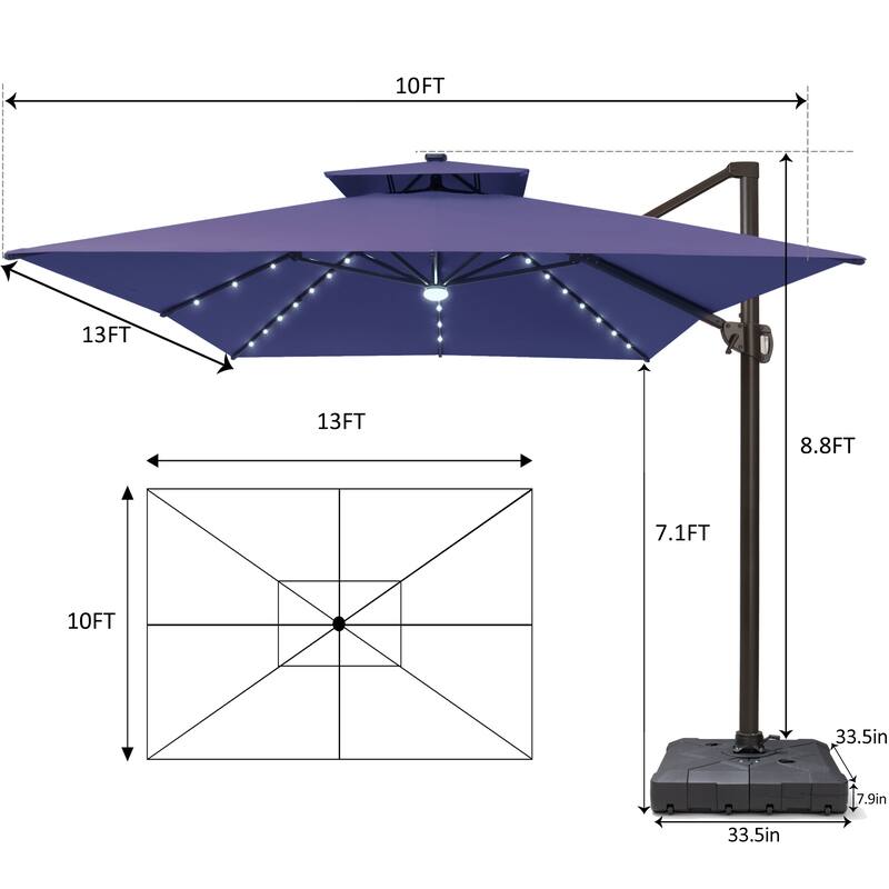 10 X 13 FT Outdoor Patio Cantilever Umbrella with Solar Lights Wheeled Base Double Canopy 360 Rotation Tilt