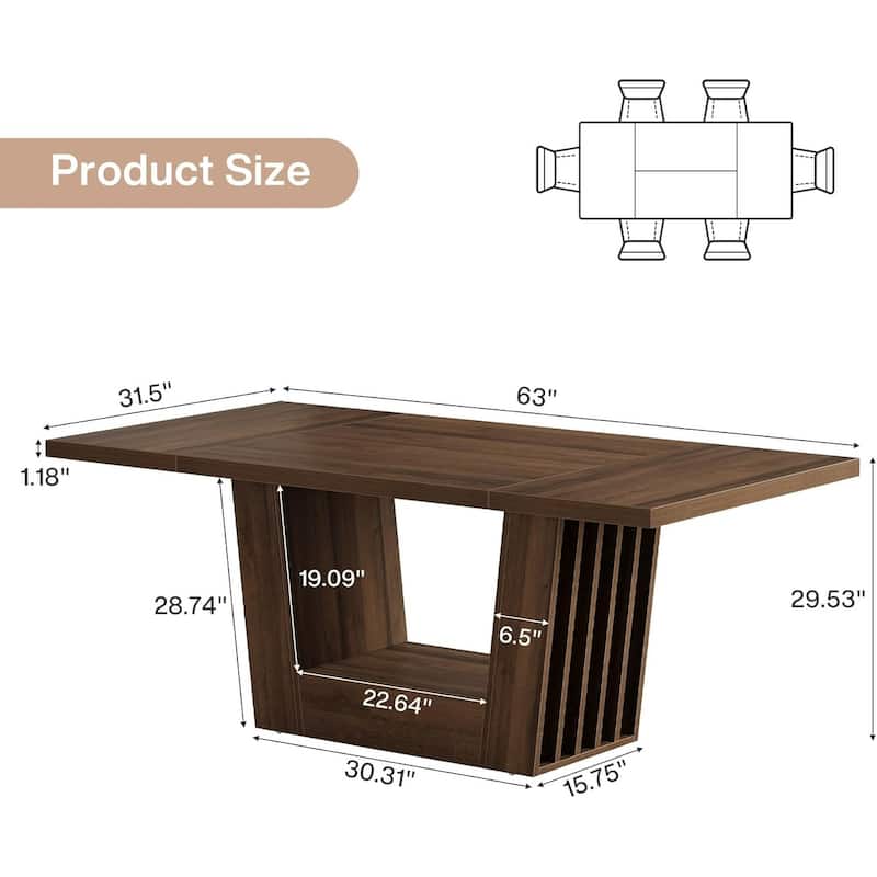 63 Inches Dining Room Table, Farmhouse Kitchen Dinner Table with Heavy-Duty Base