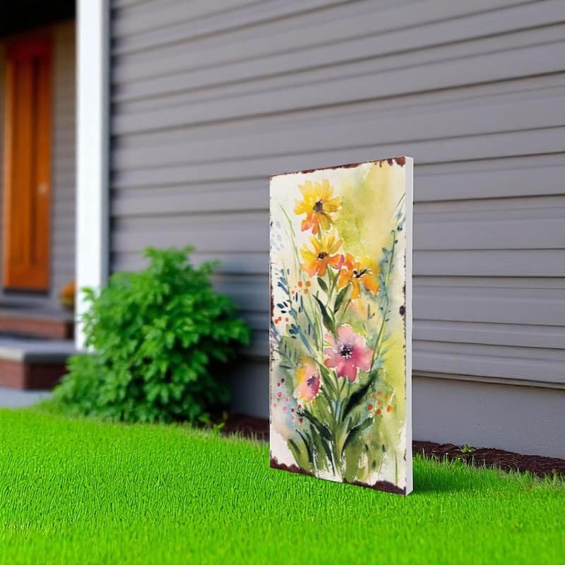 HomeRoots 30" Green Pink White And Yellow Solid Wood Wildflowers Garden Stake - Green/White/Pink - Wood