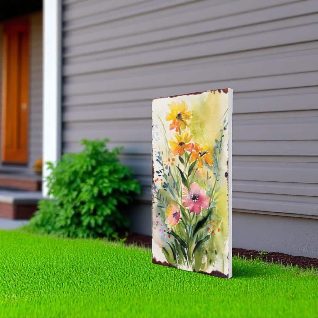 HomeRoots 30" Green Pink White And Yellow Solid Wood Wildflowers Garden Stake