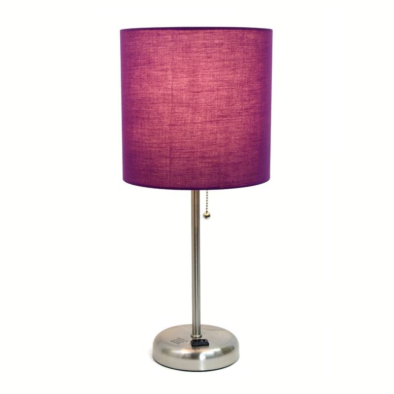 19.5 in. Brushed Steel Finish Table Lamp with Purple Shade, Sturdy Table Lamp for Living Rooms and Bedrooms