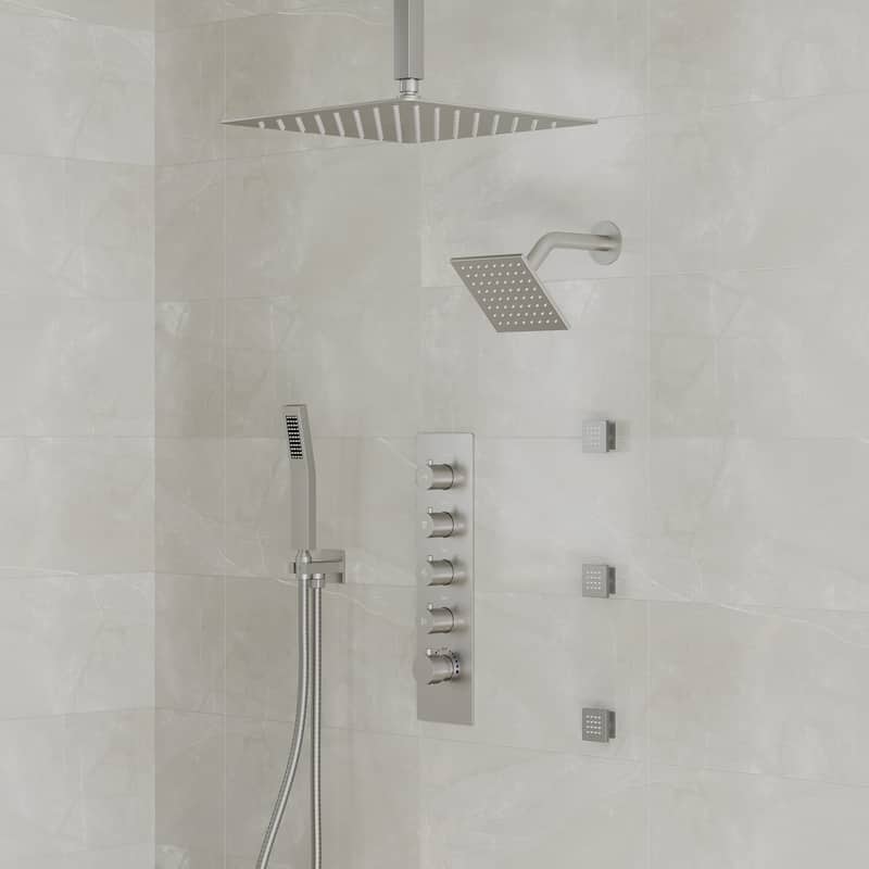 Dual Heads 16" Rainfall & High Pressure 6" Shower Head 3 Way Thermostatic Faucet System w/ 3 Body Jets - Brushed Nickel