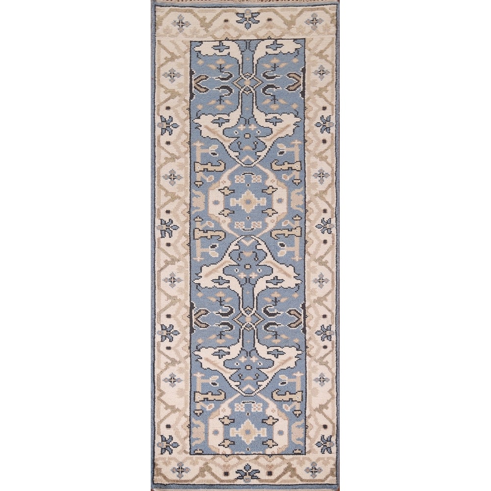 Blue Oushak Indian Runner Rug Hand-Knotted Wool Carpet - 2'6"x 8'1"