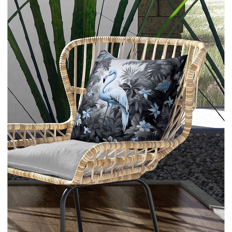 Tropical Flamingo Haven Indoor/Outdoor Reversible Throw Pillow Grey and Blue