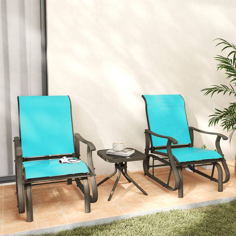 Three Piece Outdoor Gliding Patio Set with Two Chairs and Square Tea Table Powder Coated Steel and Mesh Fabric