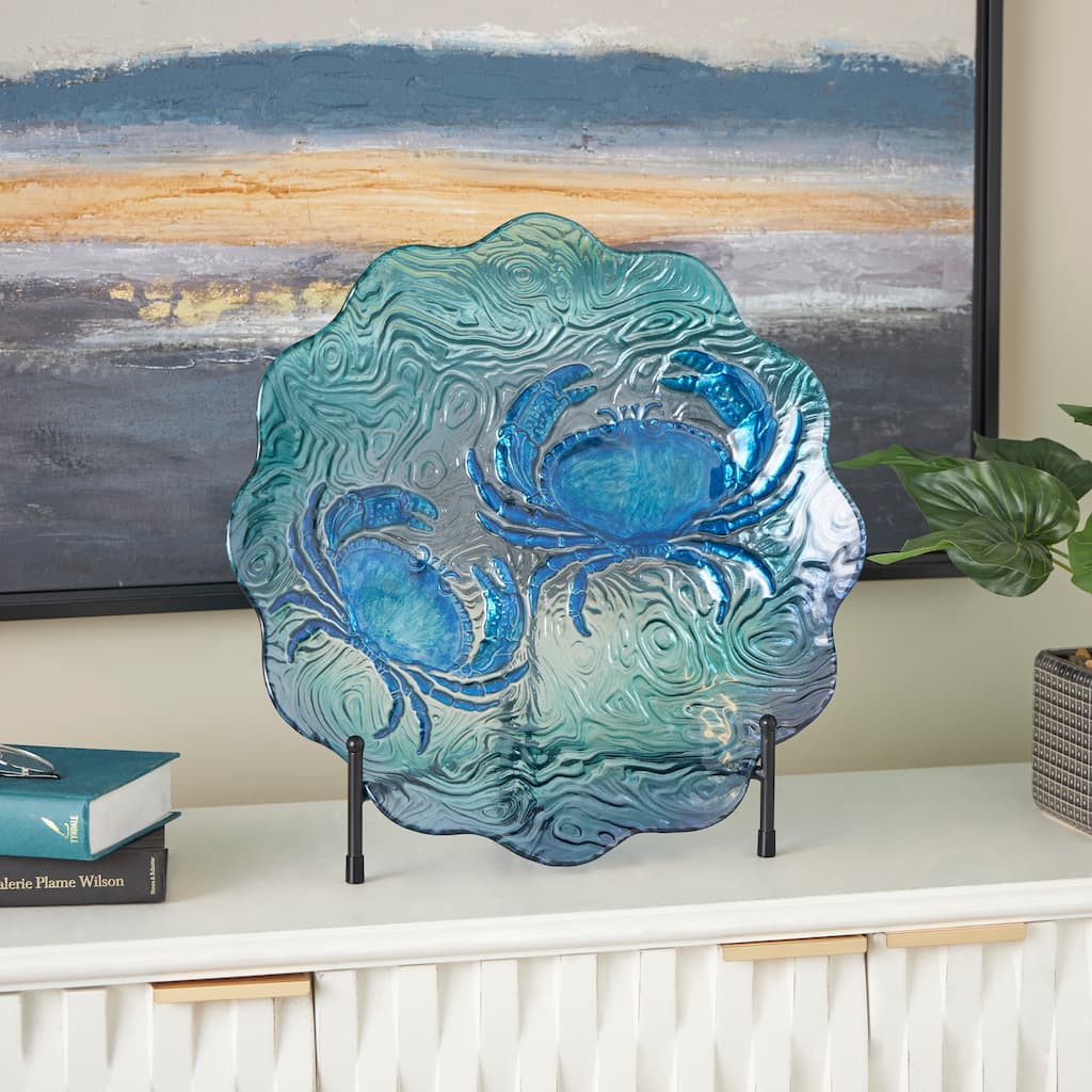 Blue Glass Ombre Decorative Plate Crab Charger with Wavy Edge and Swirl Patterns