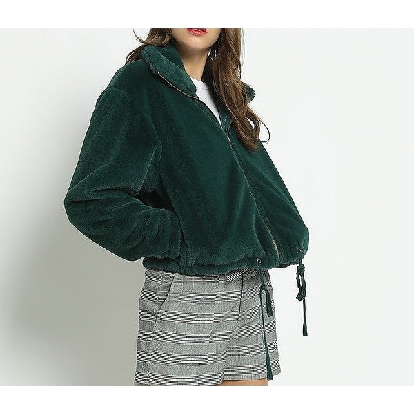 Know.One.Cares Green Womens Size Large L Faux-Fur Cropped Jacket