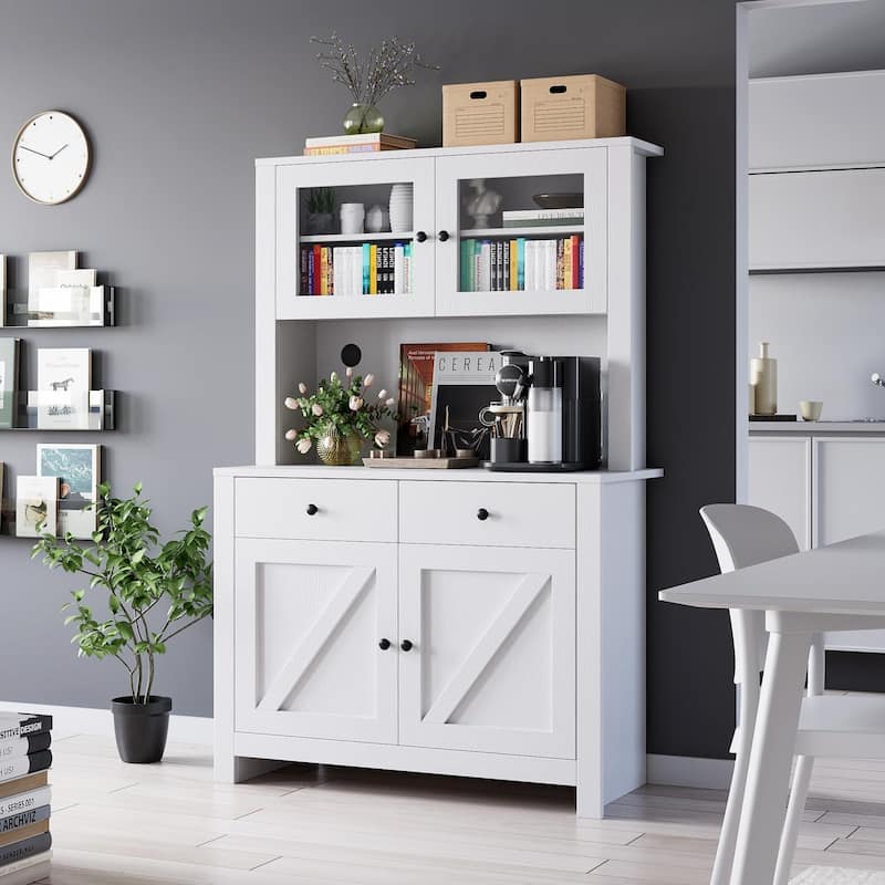 Kitchen Pantry Storage Cabinet with Microwave Stand & Coffee Bar Cabinet,Freestanding Hutch Cabinet with 4 Doors - White