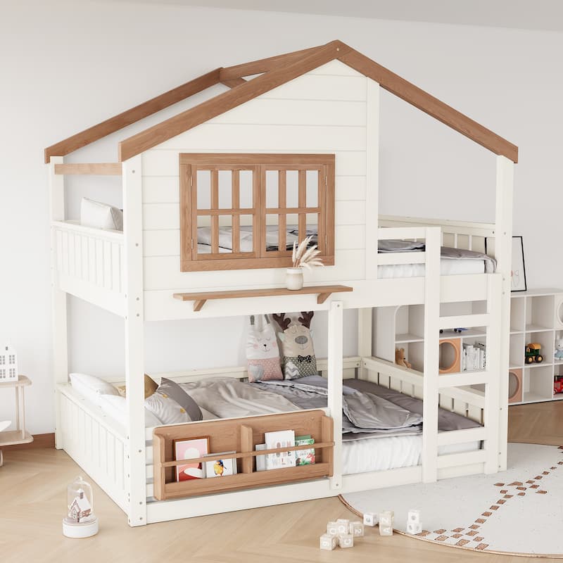 Fairytale House Bunk Bed Kids Loft Bed Frame with Bookshelf and Shelf